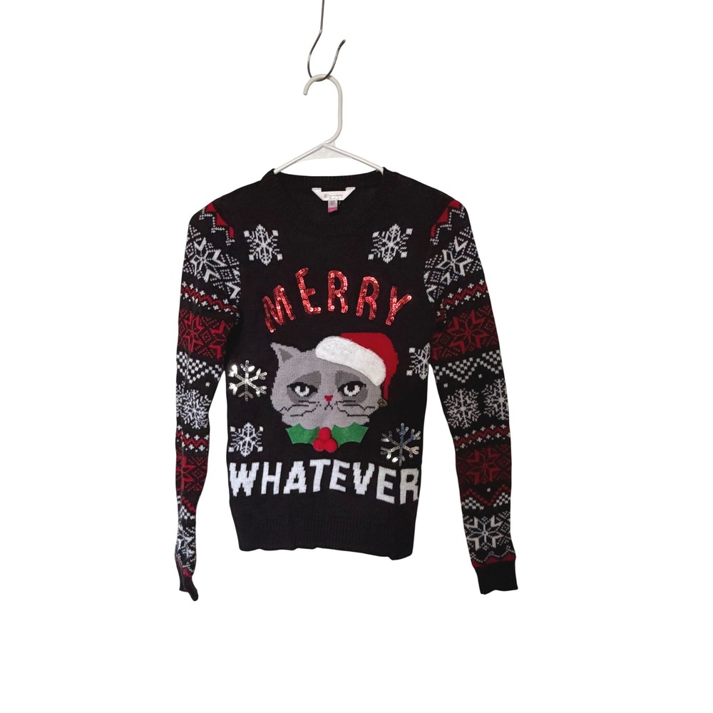 No Boundaries Merry Whatever Grumpy Cat Christmas Sweater Black XS Sequin